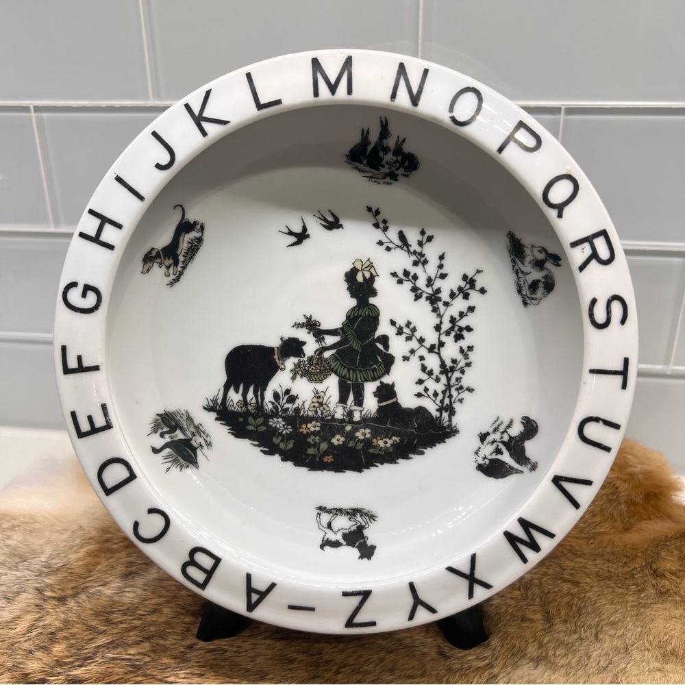 Antique Little Bo Peep Silhouette Alphabet Bowl Germany Bavaria Black White